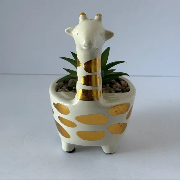 Gold Spotted Ivory Ceramic Giraffe Faux Succulent Planter Decor - Picture 5 of 8